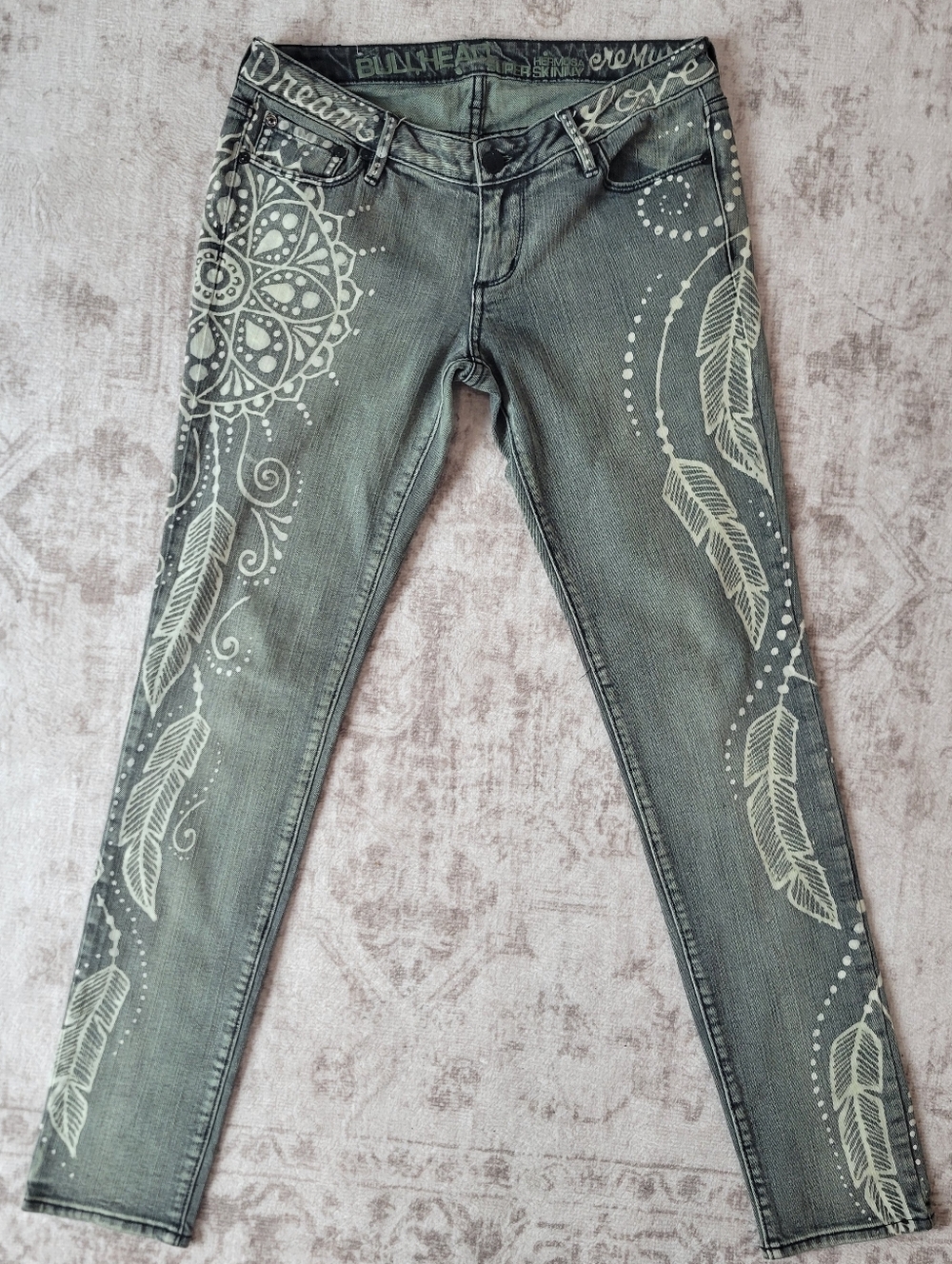 Bullhead‎ Juniors 7 Super Skinny Jeans Green Bleach Print Mandala Feather